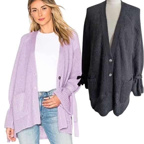 Naadam Black Mohair Wool Bow Sleeve Flowy Drapey Cardigan Sweater L - Picture 1 of 15